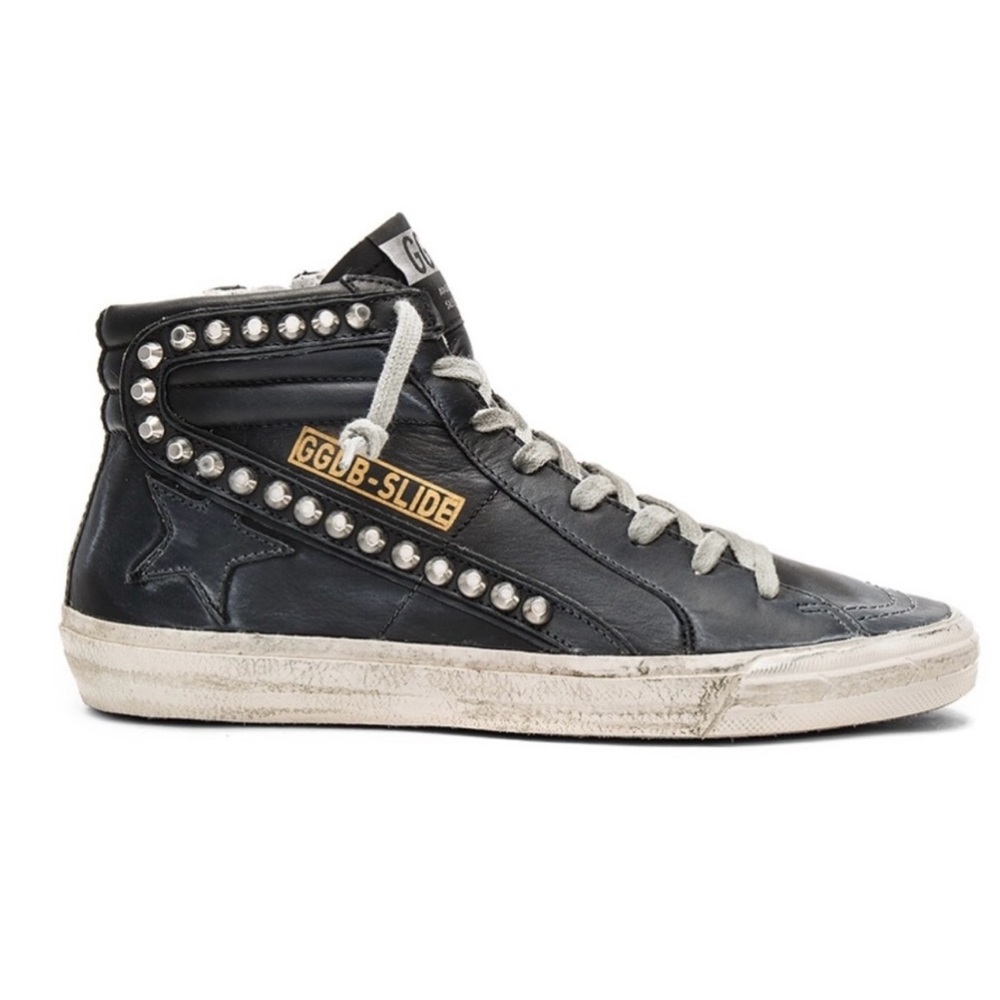 Golden Goose hi top studded black distressed sneakers. Good pre owned condition.